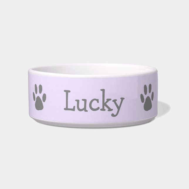 Cute Pastel Purple and Gray Paw Print Pet Bowl (Front)
