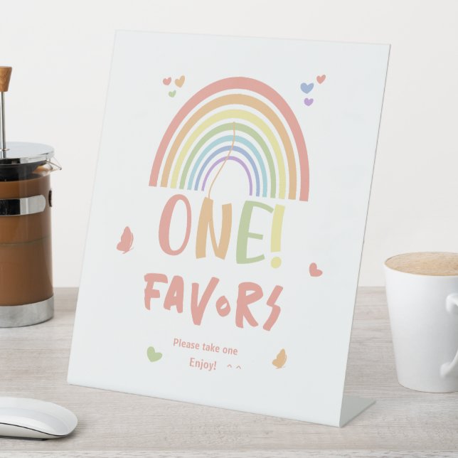 Cute Pastel Rainbow 1st Birthday Favors Pedestal Sign (In SItu)
