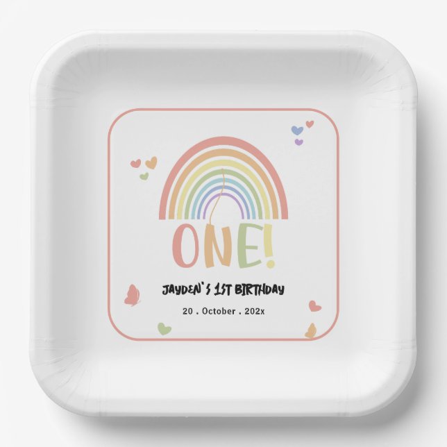 Cute Pastel Rainbow 1st Birthday Paper Plates (Front)
