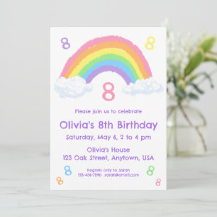 Cute Pastel Rainbow and Clouds Birthday Invitation