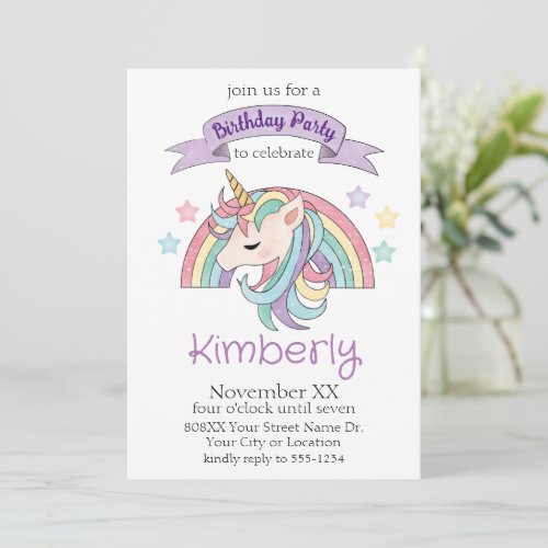 Cute Pastel Rainbow and Sparkly Unicorn Party Invitation