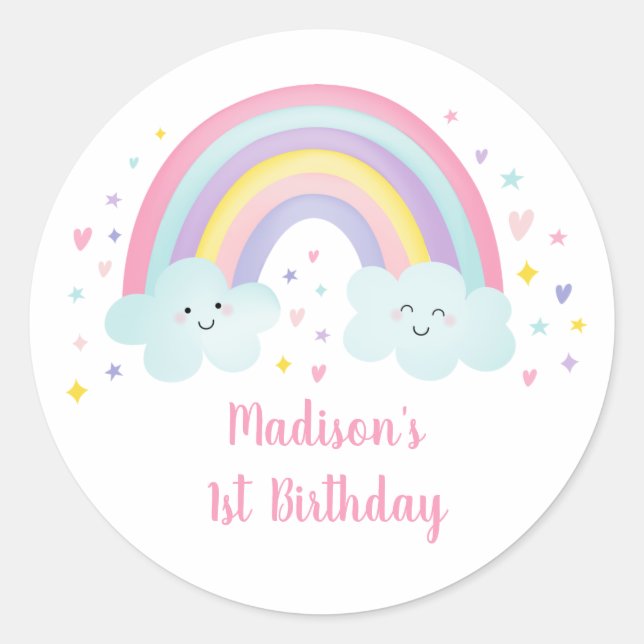Cute Pastel Rainbow Clouds Birthday Classic Round Sticker (Front)