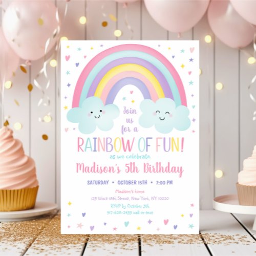 Cute Pastel Rainbow Clouds Birthday Invitation