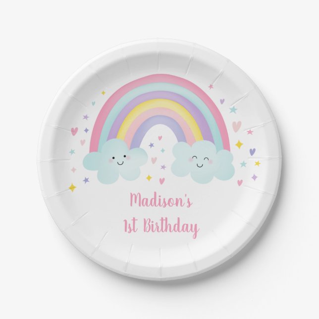 Cute Pastel Rainbow Clouds Birthday Paper Plates (Front)