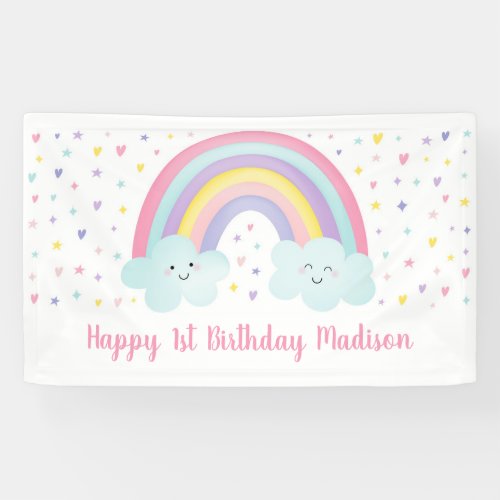 Cute Pastel Rainbow Clouds First Birthday Banner