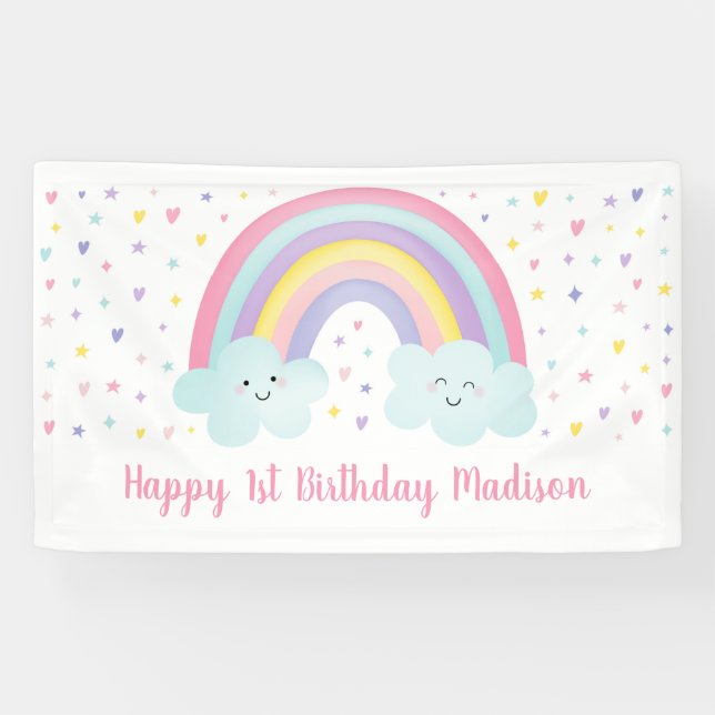 Cute Pastel Rainbow Clouds First Birthday Banner (Horizontal)