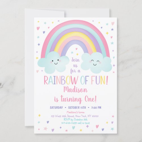 Cute Pastel Rainbow Clouds First Birthday Invitation