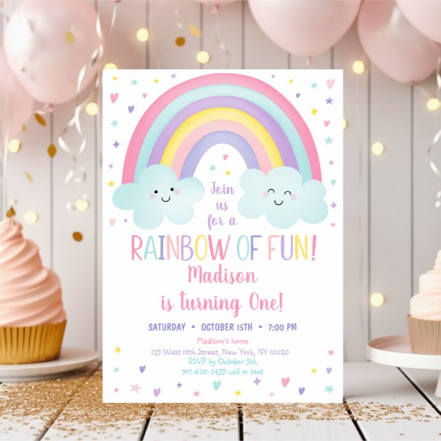 Cute Pastel Rainbow Clouds First Birthday Invitation (Creator Uploaded)