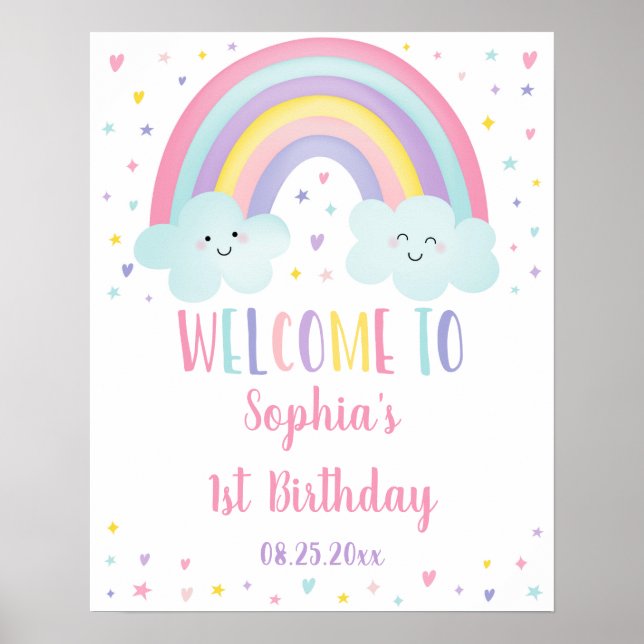 Cute Pastel Rainbow Clouds Girl Birthday Welcome Poster (Front)