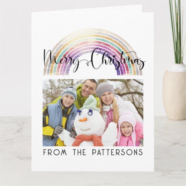   Cute Pastel Rainbow Family Photo Merry Christmas Card (Front)