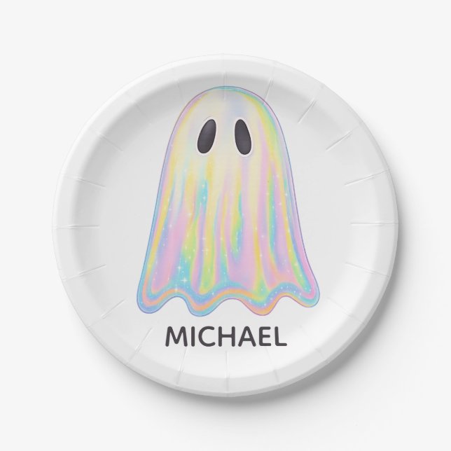 Cute Pastel Rainbow Ghost | Aesthetic Spooky Paper Plates (Front)