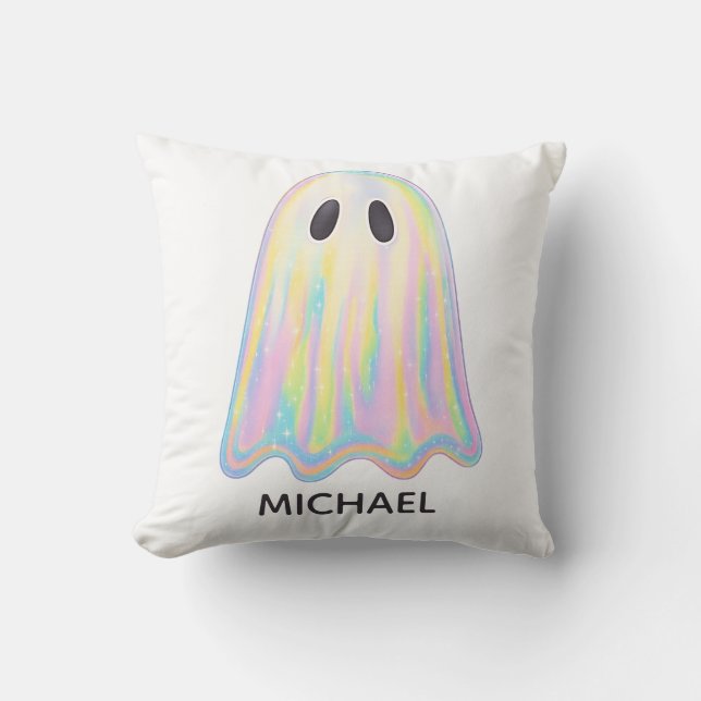 Cute Pastel Rainbow Ghost | Aesthetic Spooky Throw Pillow (Front)