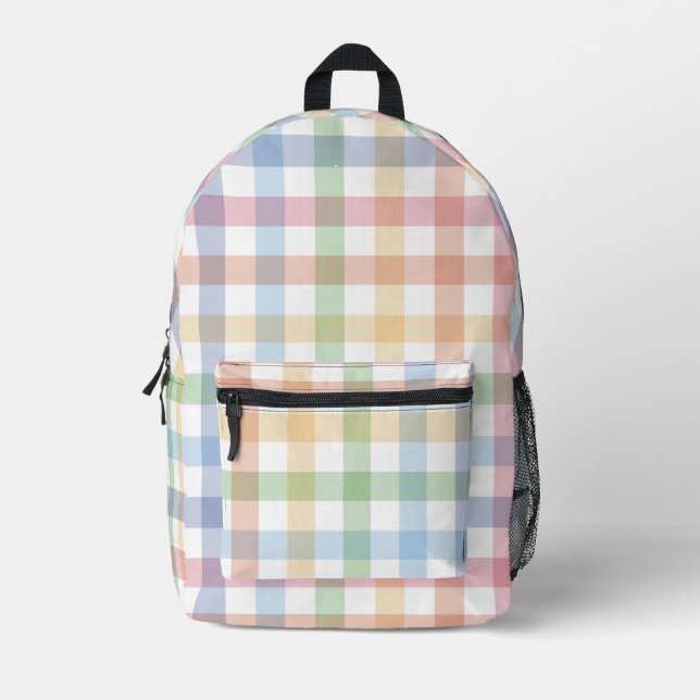 Cute pastel rainbow gingham plaid printed backpack (Front)