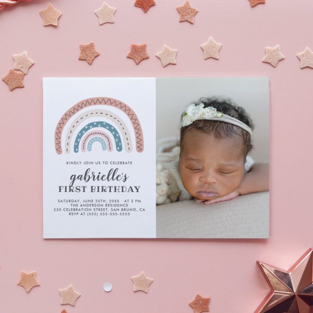 Cute Pastel Rainbow Girl's First Birthday Photo Invitation