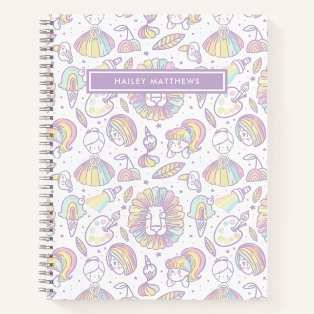 Cute Pastel Rainbow Girls Pattern Name Notebook (Front)