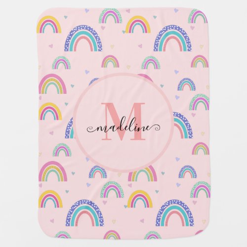 Cute Pastel Rainbow Heart Elegant Monogram Baby Blanket