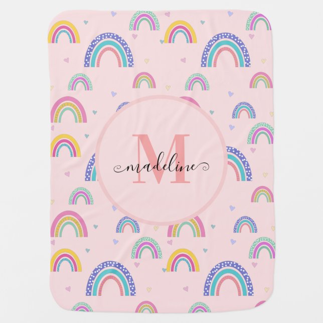 Cute Pastel Rainbow Heart Elegant Monogram Baby Blanket (Front)