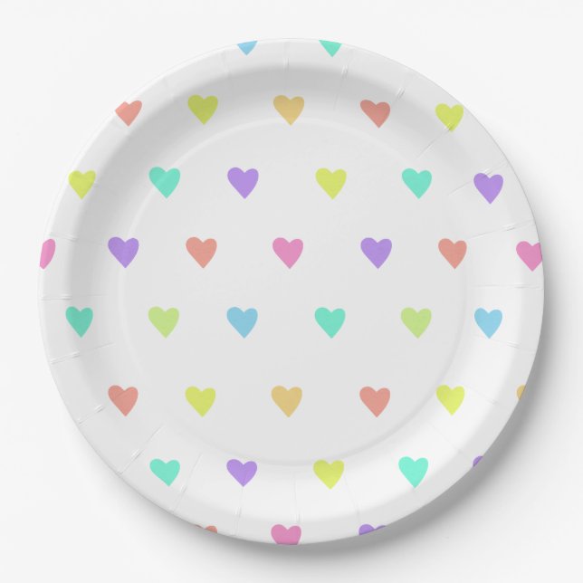 Cute Pastel Rainbow Hearts Pattern Paper Plates (Front)