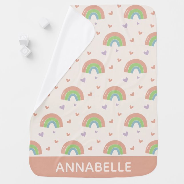 Cute Pastel Rainbow & Hearts Pattern Personalised Baby Blanket (In Situ)