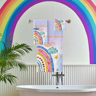 Cute pastel rainbow personalized bath towel set