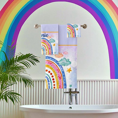 Cute pastel rainbow personalized  bath towel set