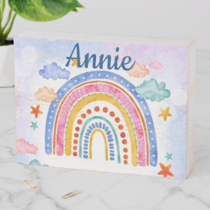 Cute pastel rainbow personalized  wooden box sign