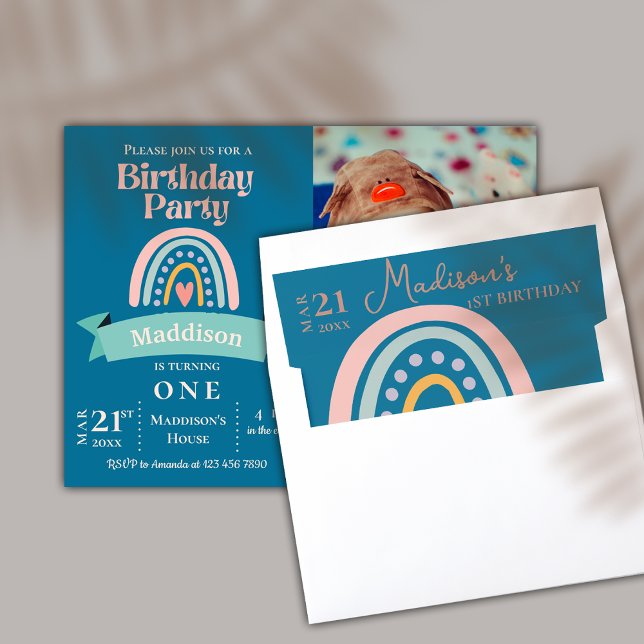 Cute Pastel Rainbow Photo Birthday Party Invite Envelope Liner (Unicorn Rainbow Photo Birthday Party Invitation Envelope Liner)