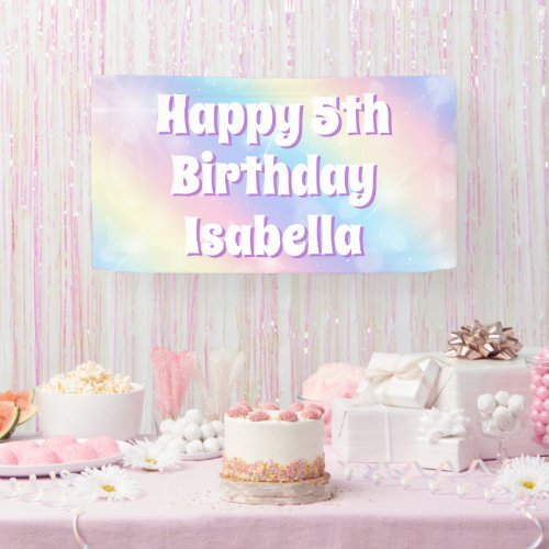 Cute Pastel Rainbow Sparkle Kids Birthday Party Banner