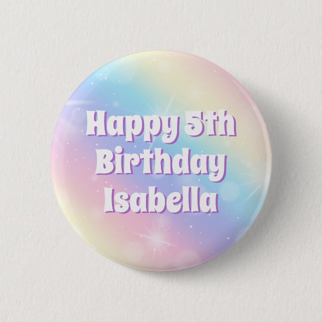 Cute Pastel Rainbow Sparkle Kids Birthday Party Button (Front)