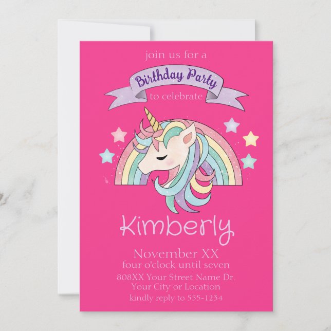 Cute Pastel Rainbow & Sparkly Unicorn on Hot Pink Invitation (Front)