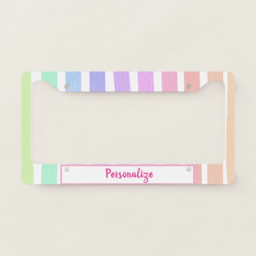 Cute Pastel Rainbow Stripes Girly Personalized License Plate Frame