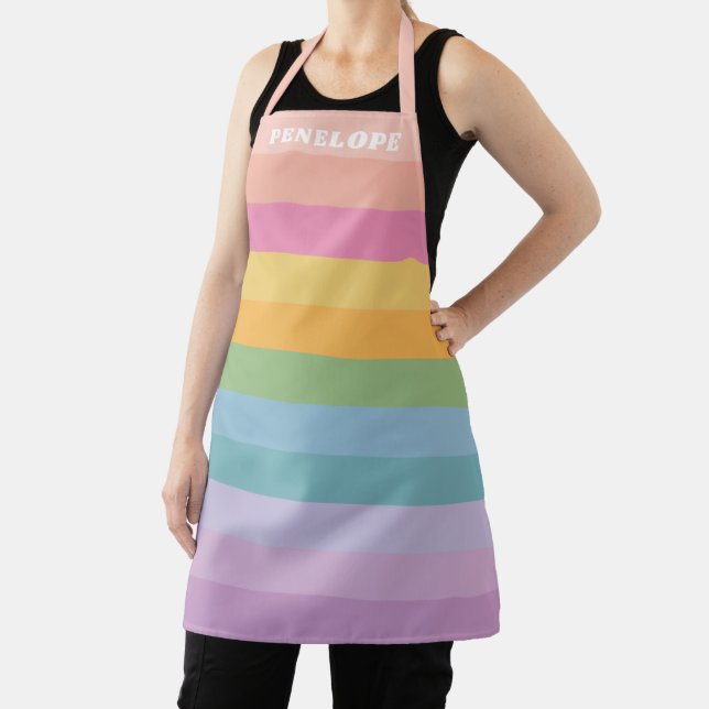 Cute Pastel Rainbow Stripes Personalized Name Apron (Insitu)