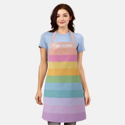 Cute Pastel Rainbow Stripes Personalized Name Apron