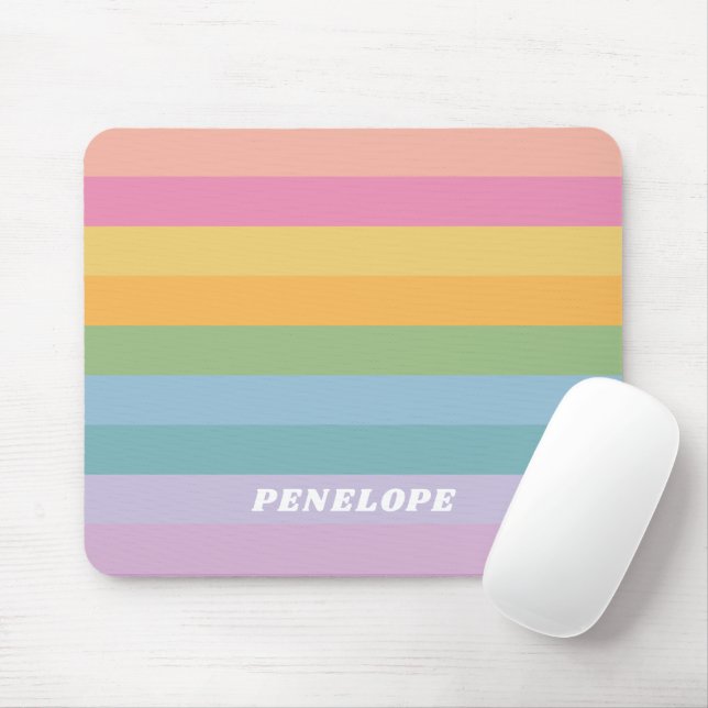 Cute Pastel Rainbow Stripes Personalized Name Mouse Pad (With Mouse)