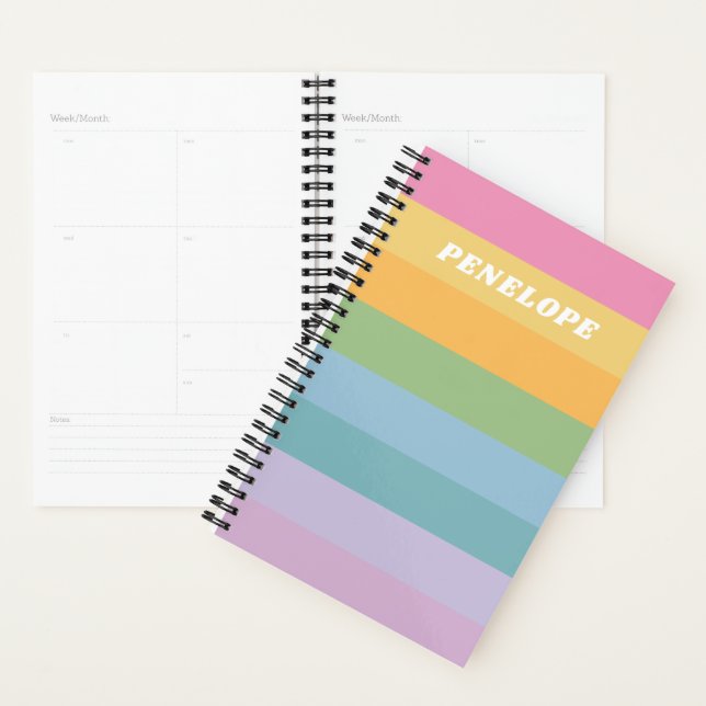 Cute Pastel Rainbow Stripes Personalized Name Planner (Display)