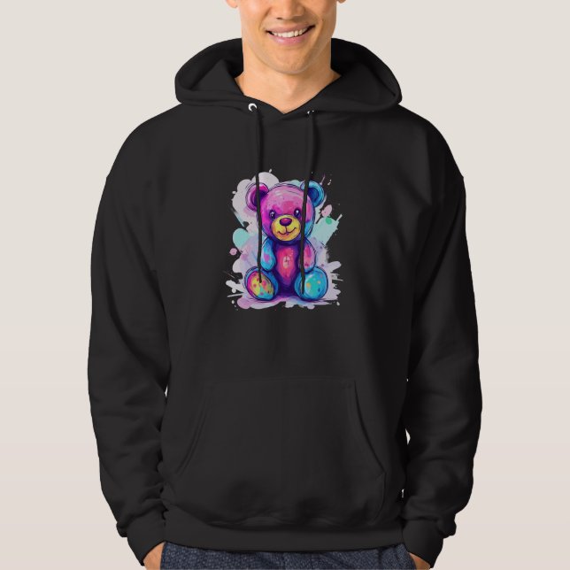 Cute Pastel Rainbow Teddy Bear Paint Splash Hoodie (Front)