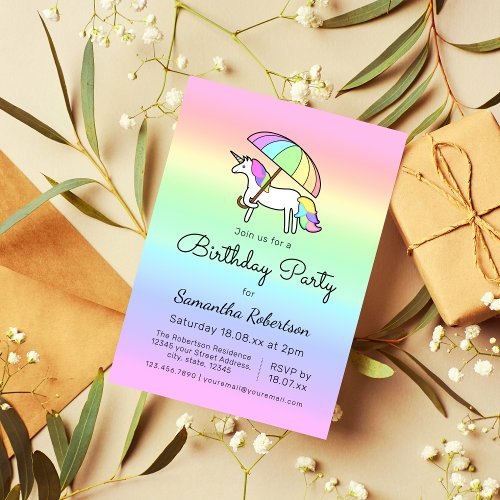 Cute Pastel Rainbow Unicorn Birthday Party Invitation