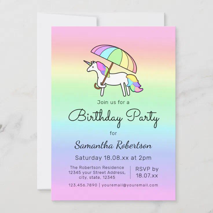 Cute Pastel Rainbow Unicorn Birthday Party Invitation | Zazzle