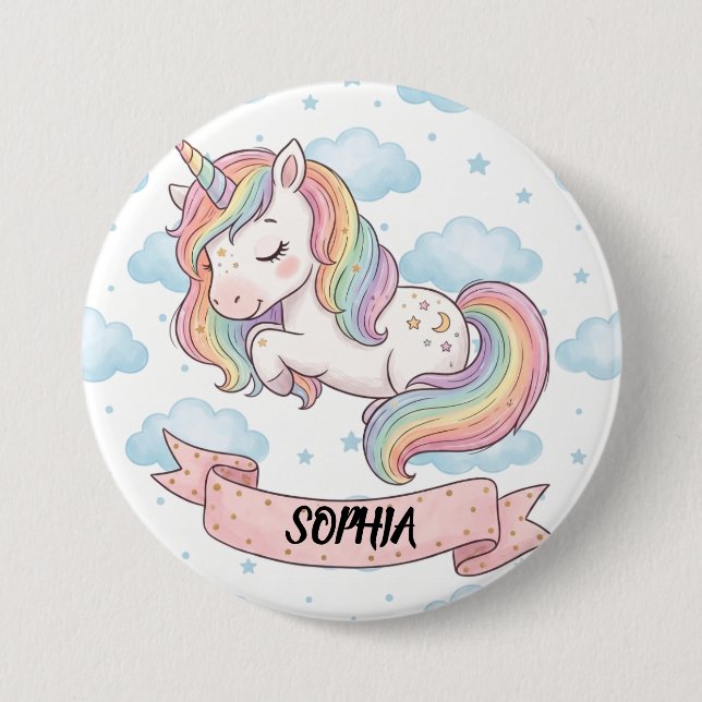 Cute Pastel Rainbow Unicorn Clouds Personalized Button (Front)