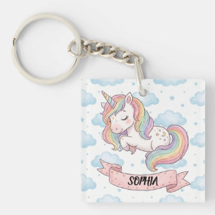 Cute Pastel Rainbow Unicorn Clouds Personalized Keychain