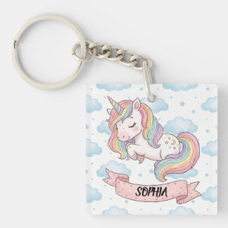 Cute Pastel Rainbow Unicorn Clouds Personalized Keychain