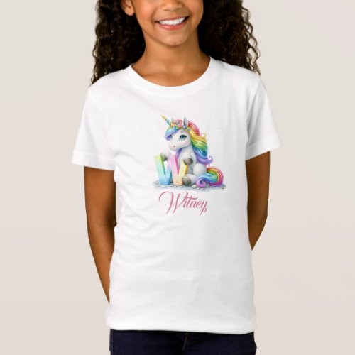 Cute Pastel Rainbow Unicorn Letter W Monogram  T_Shirt