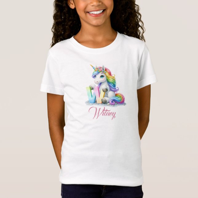 Cute Pastel Rainbow Unicorn Letter W Monogram  T-Shirt (Front)