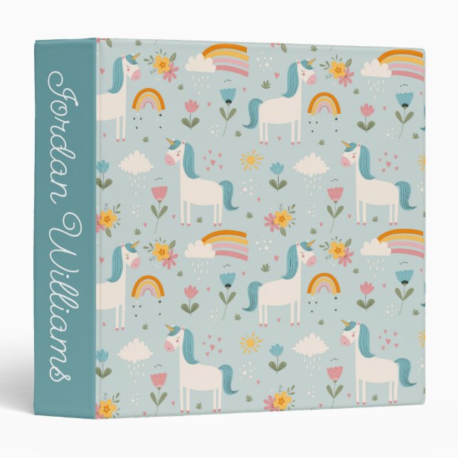 Cute pastel Rainbow Unicorn Pattern 3 Ring Binder (Front/Spine)