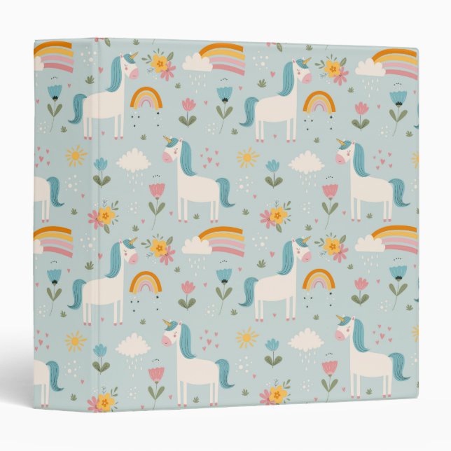 Cute pastel Rainbow Unicorn Pattern 3 Ring Binder (Front/Spine)