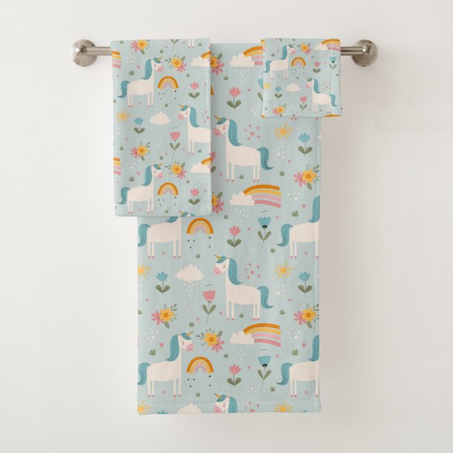 Cute pastel Rainbow Unicorn Pattern Bath Towel Set (Insitu)
