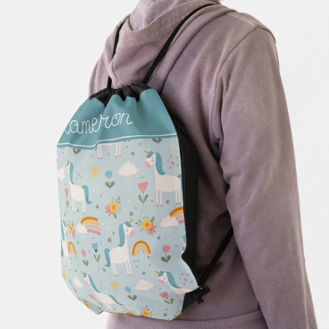 Cute pastel Rainbow Unicorn Pattern Drawstring Bag (Insitu)