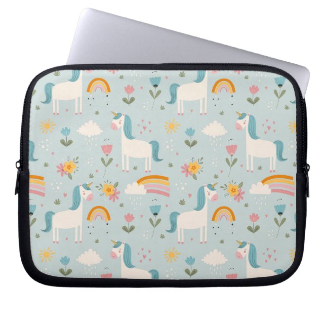 Cute pastel Rainbow Unicorn Pattern Laptop Sleeve (Front)
