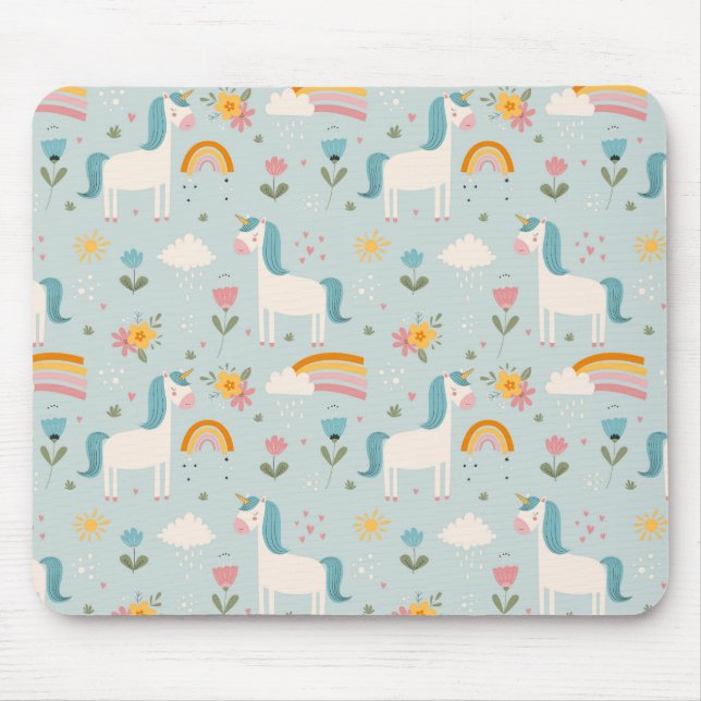Cute pastel Rainbow Unicorn Pattern Mouse Pad (Front)