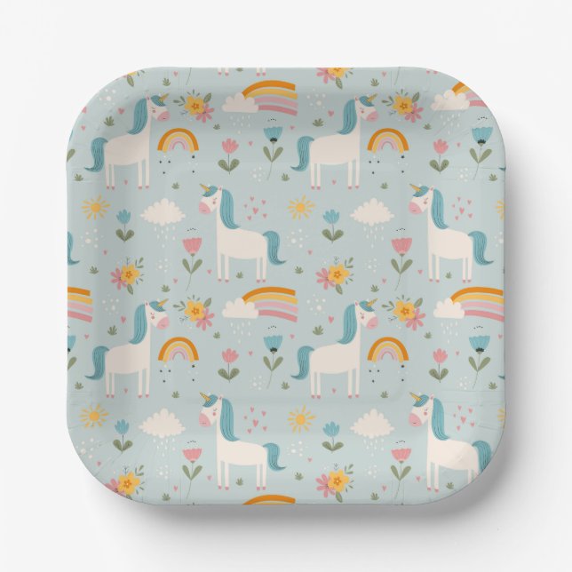 Cute pastel Rainbow Unicorn Pattern Paper Plates (Front)